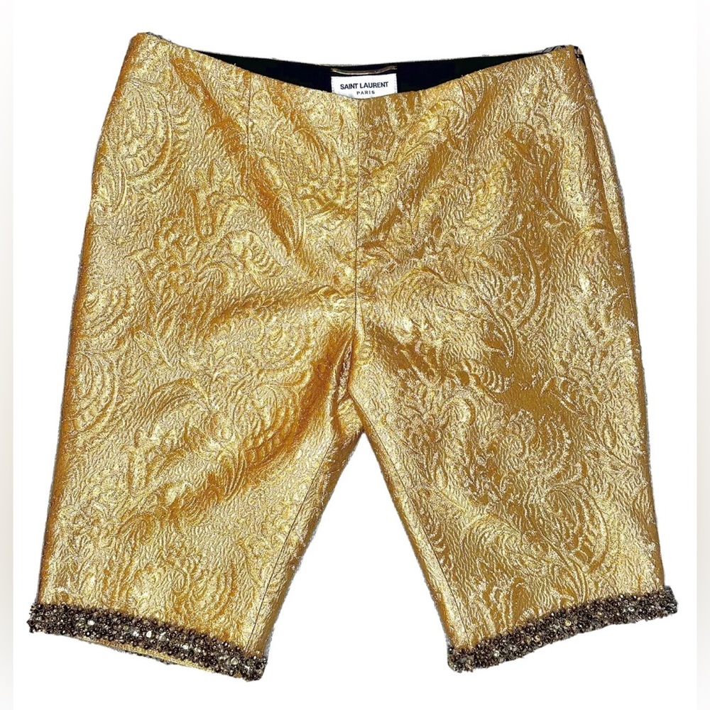 YSL Yves Saint Laurent Gold Silk Jacquard Beaded Shorts